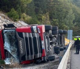 Kontrolden çıkan yem yüklü tır devrildi